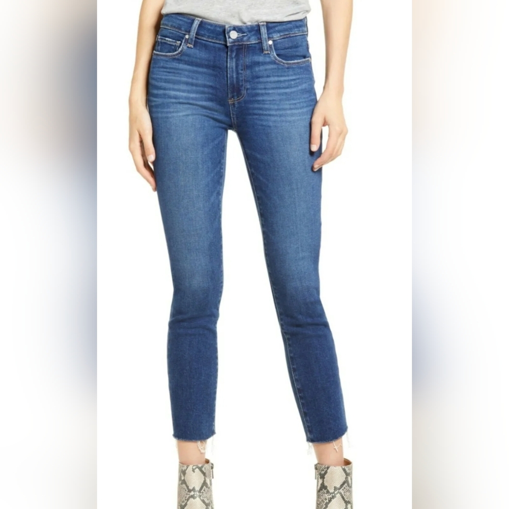 Paige Skyline Skinny Crop Raw Hem Mid Rise Medium Wash Stretch Jean Sz 25